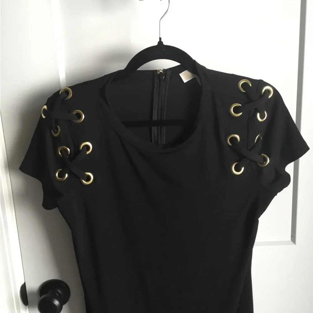 Casual Chic Michael Kors Black Eyelet Gold Trim Midi Dress Size Small